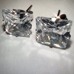 NEW Square Cut Zircon Stud Earrings With Sterling Silver Setting Stainless Steel